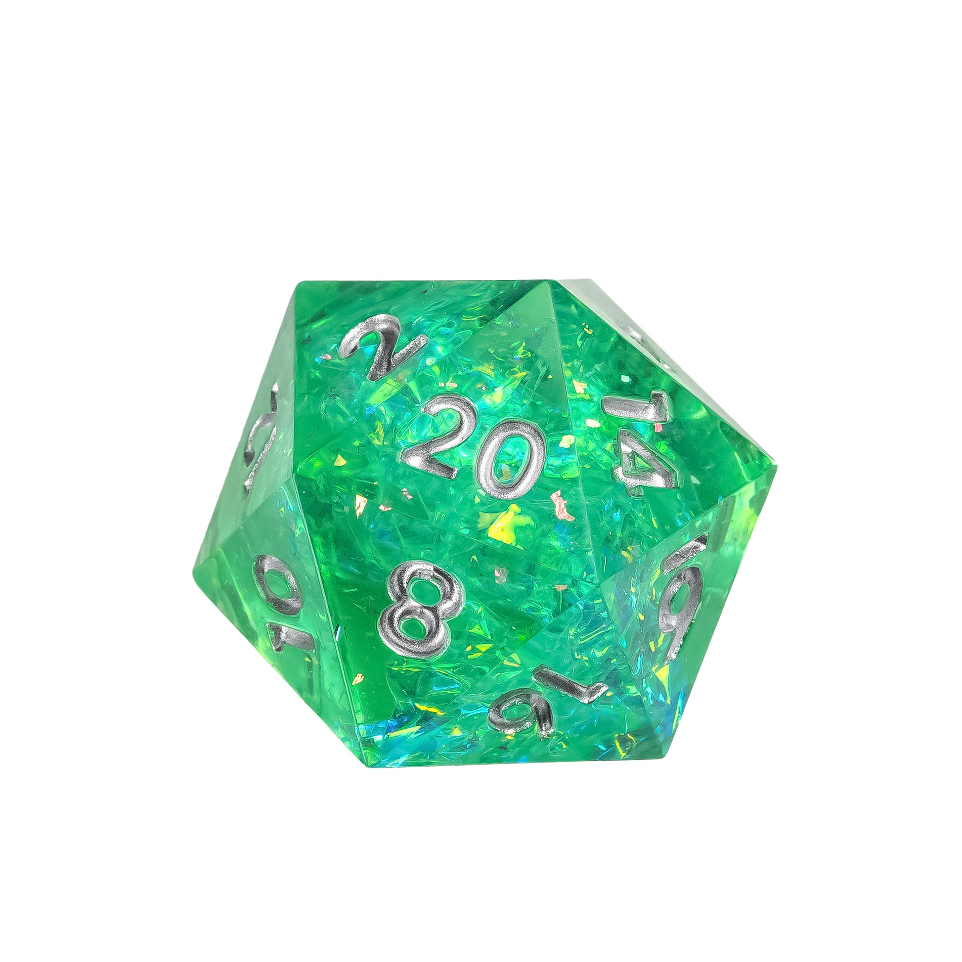 Close up of Sages Emerald Sharp Edge D20 in translucent emerald green resin with iridescent foil flakes and metallic silver numbers for DnD
