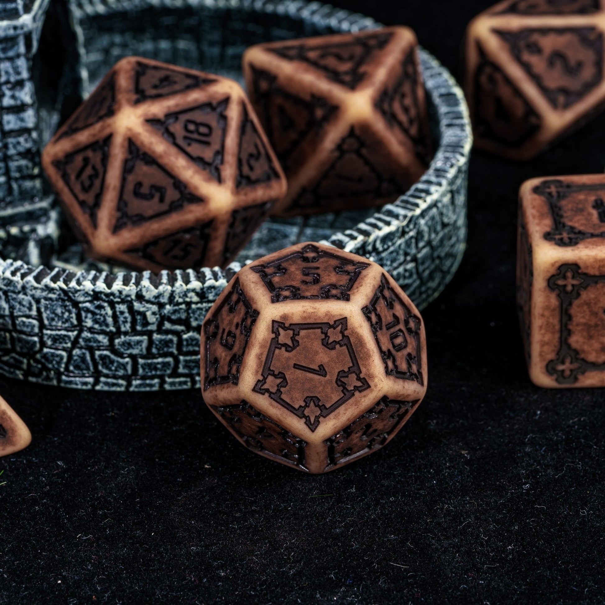 Sandy Elixir Chonk D12 displayed with castle themed terrain for DnD