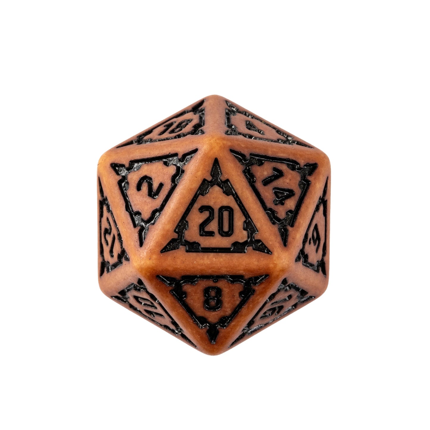 Close up of Sandy Elixir Chonk D20 resin dice for DnD and tabletop RPGs