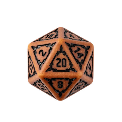 Close up of Sandy Elixir Chonk D20 resin dice for DnD and tabletop RPGs
