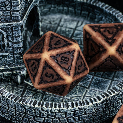 Sandy Elixir Chonk D20 displayed in castle terrain for DnD gameplay