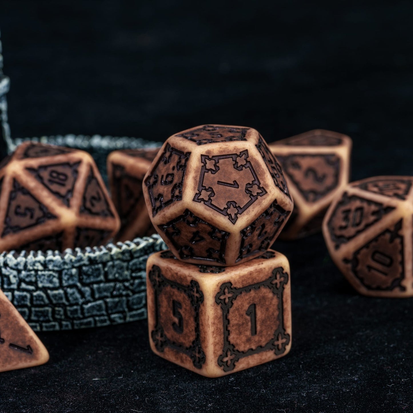 Close up of Sandy Elixir Chonk dice stack with oversized D6 and D12