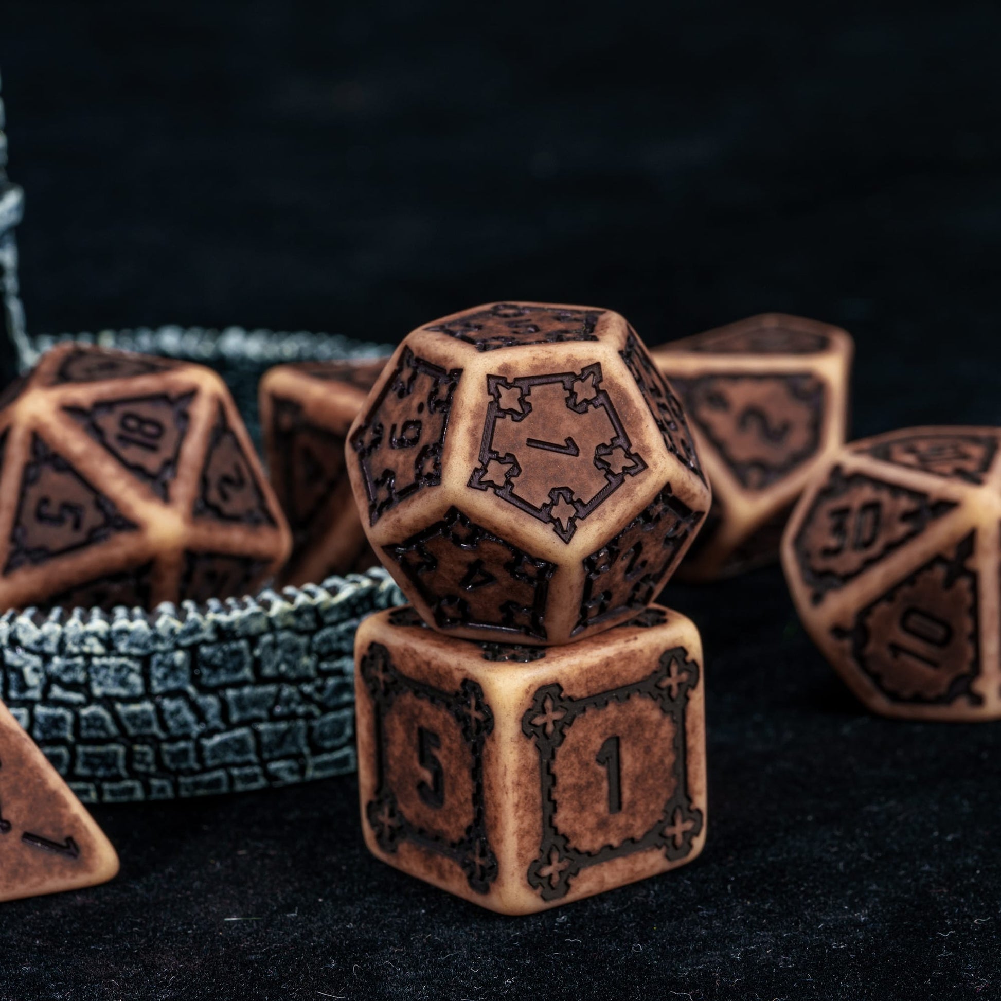 Close up of Sandy Elixir Chonk dice stack with oversized D6 and D12