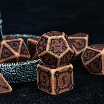 Close up of Sandy Elixir Chonk dice stack with oversized D6 and D12