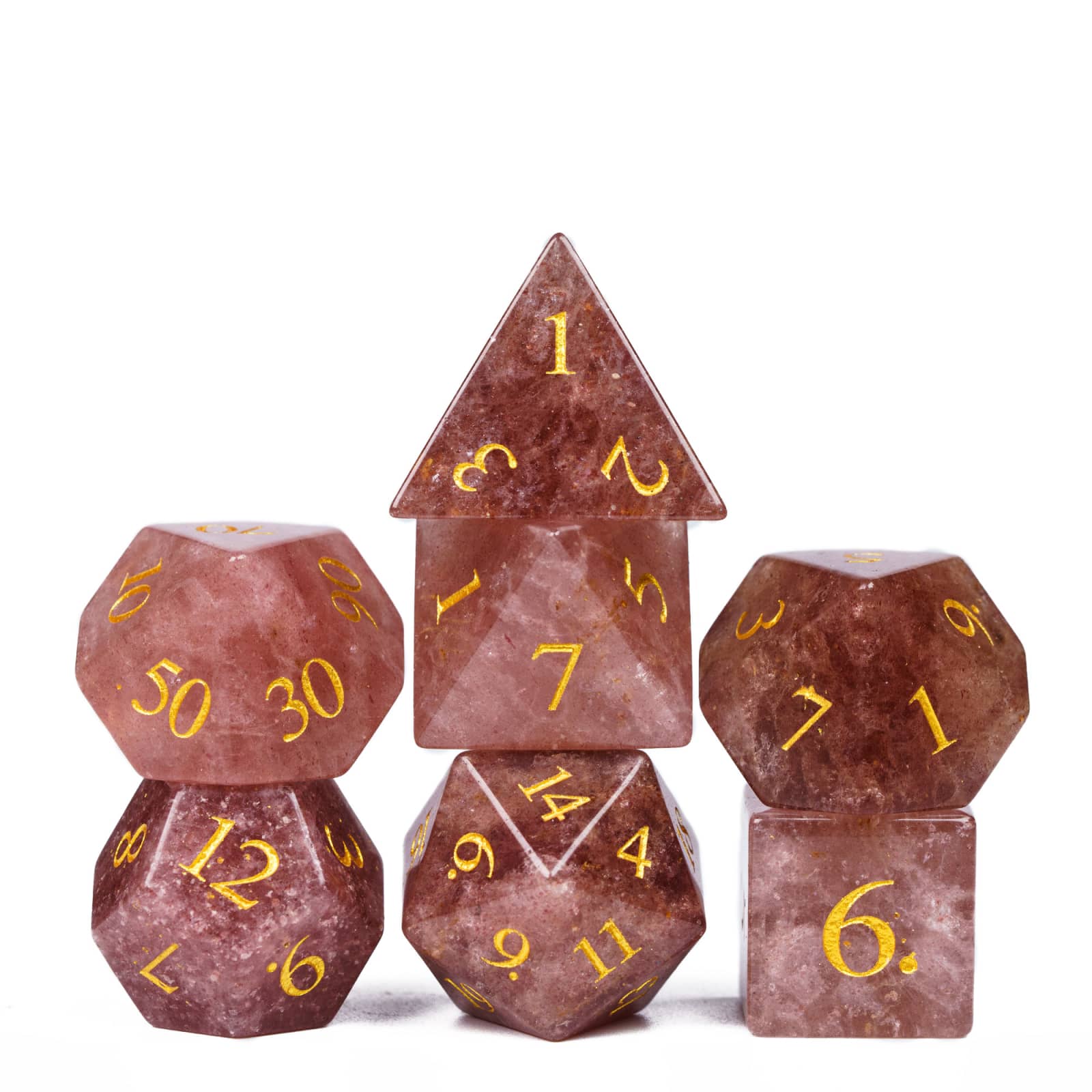 Stacked display of Sanguine Reverie stone dice set from Rune Stone Dice Series with golden number engraving