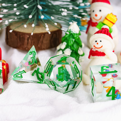 Santa’s Workshop festive RPG dice including D20, D8, and D4 arranged with holiday decorations