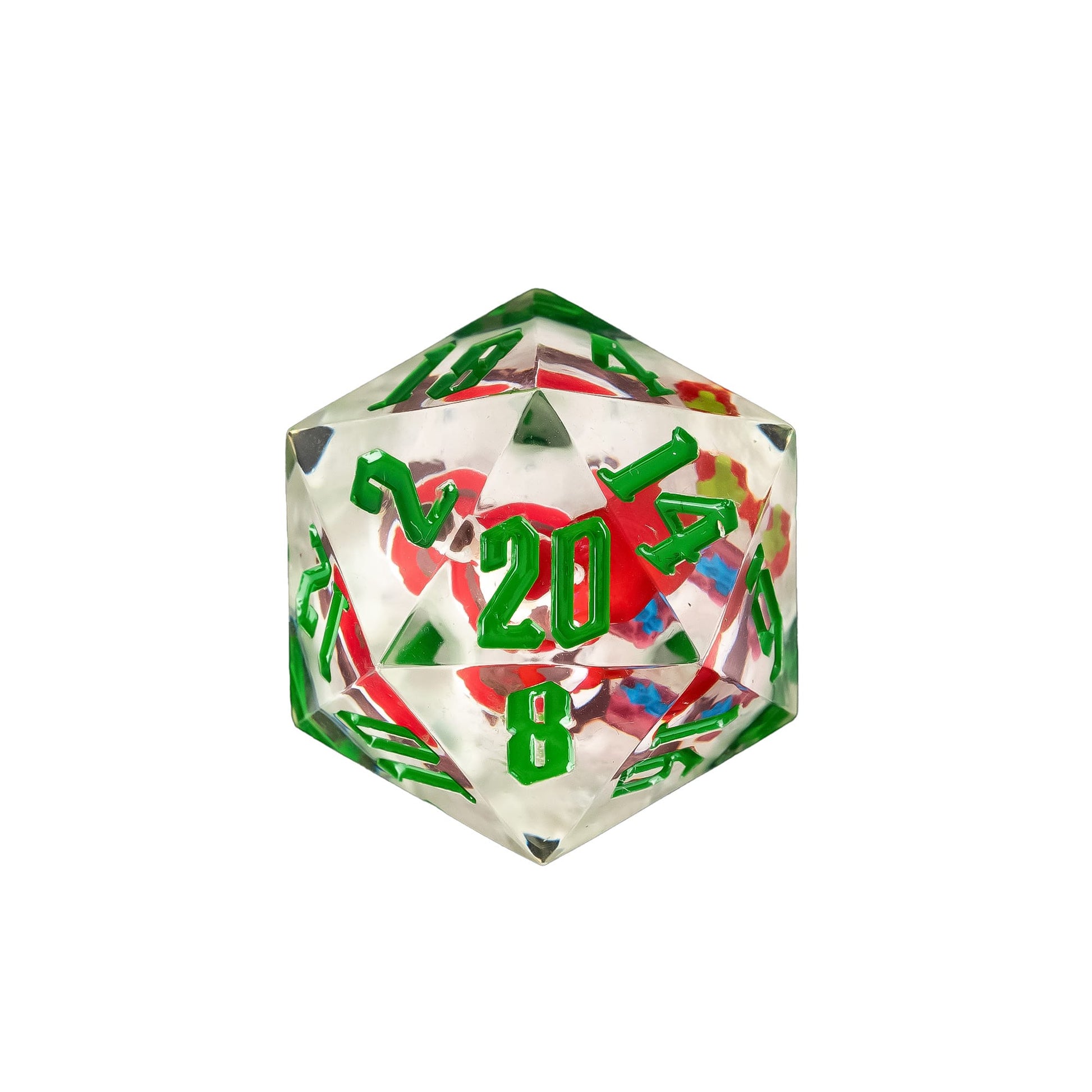 Sharp edge D20 from Santa’s Workshop dice set with clear resin, festive red and green design, and green numbers for DnD and RPGs