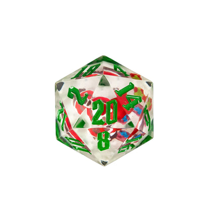 Sharp edge D20 from Santa’s Workshop dice set with clear resin, festive red and green design, and green numbers for DnD and RPGs