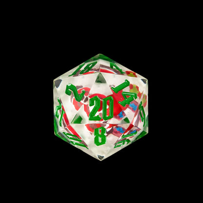 Close up of Santa's Workshop sharp edge D20 dice with festive resin design for DnD