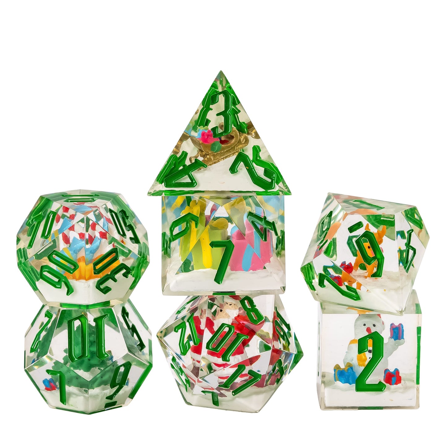 Stacked Santa's Workshop sharp edge resin dice set 7 piece polyhedral dice for DnD