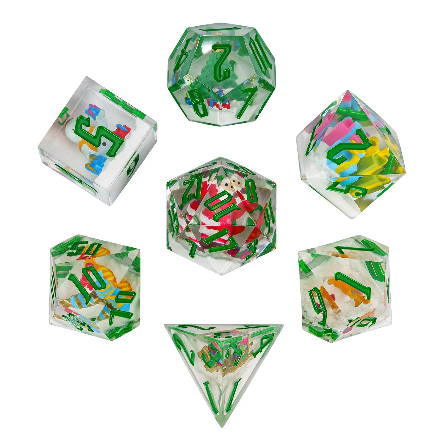 Flat lay of Santa's Workshop Sharp Edge Dice Set 7 piece resin dice for DnD and tabletop RPGs
