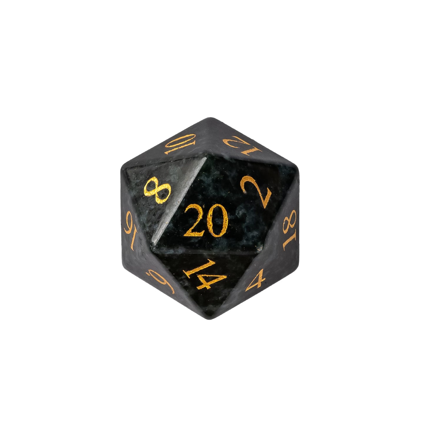 Seaweed Tangle stone D20 featuring deep ocean-green gemstone patterns, dark natural marbling, and gold numbering