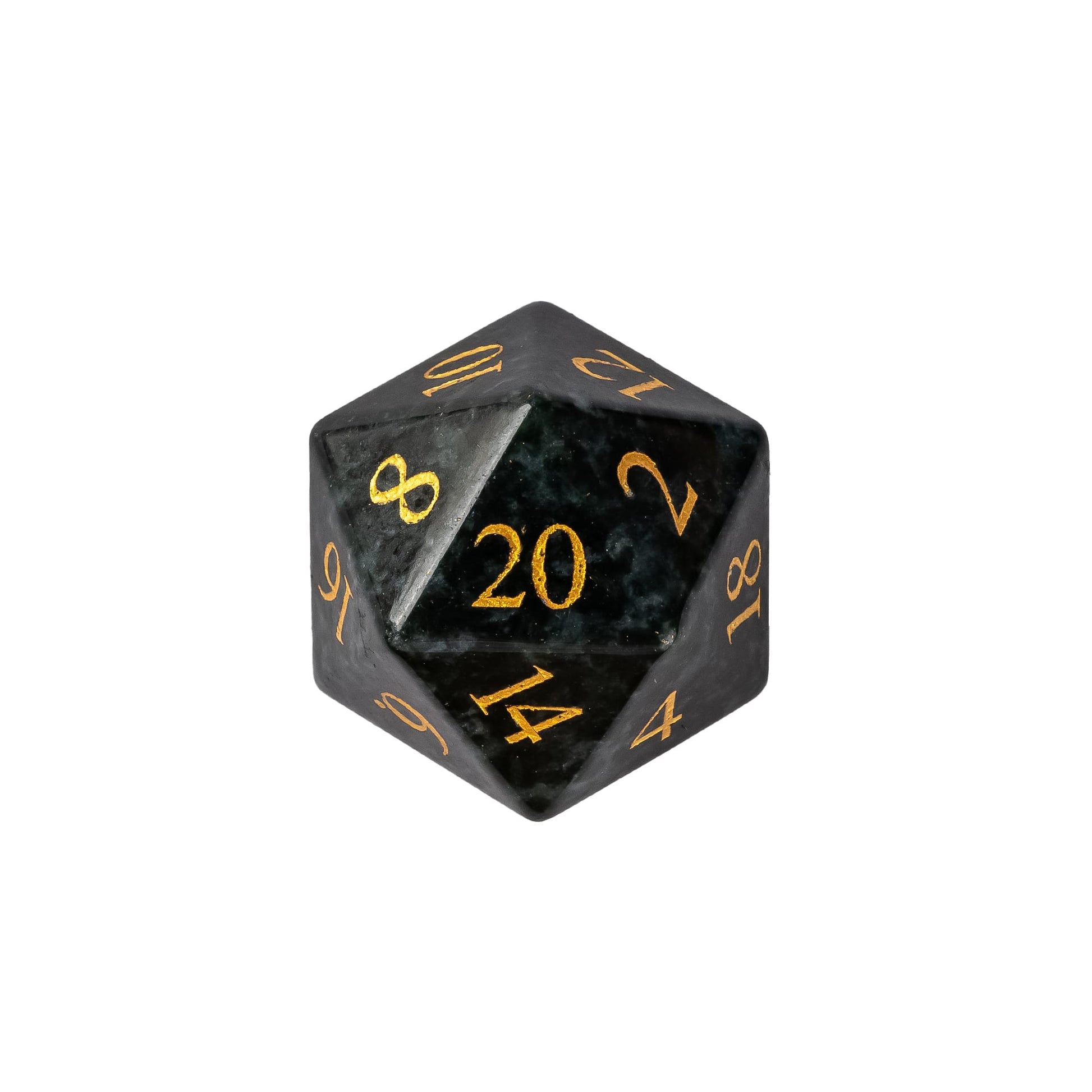 Seaweed Tangle stone D20 featuring deep ocean-green gemstone patterns, dark natural marbling, and gold numbering