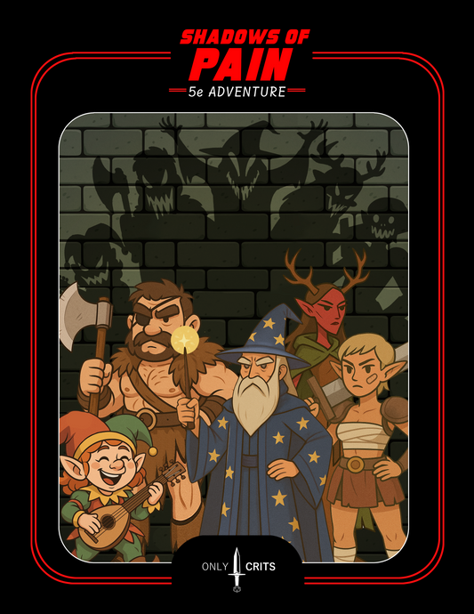 Shadows of Pain 5e DnD module cover by Only Crits. Adventurers stand ready while monster shadows creep behind them on a dungeon wall.