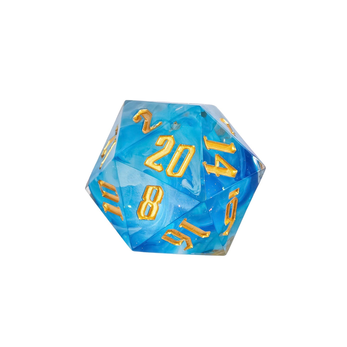 Shimmering Shoals D20 sharp edge die with blue resin swirls and metallic gold numbers