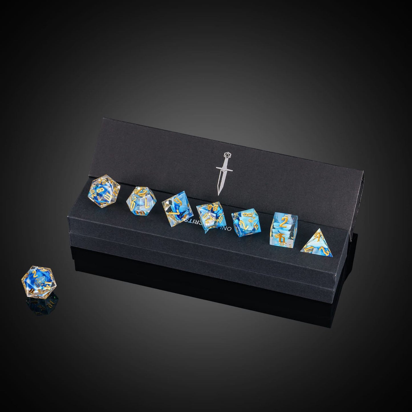 Shimmering Shoals Sharp Edge Dice Set displayed in Only Crits box for DnD players