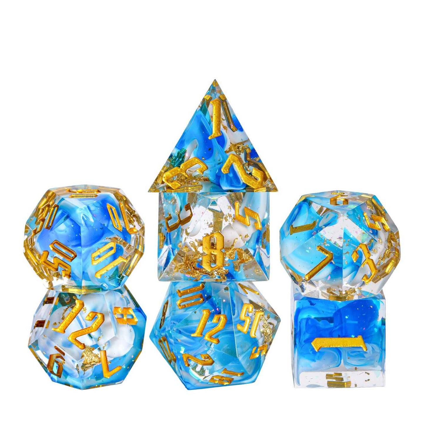 Shimmering Shoals sharp edge dice set with ocean blue swirls and gold foil on white background