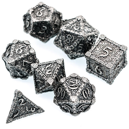 Silver Blade metal dagger dice set angled view for DnD and tabletop RPG, engraved silver finish