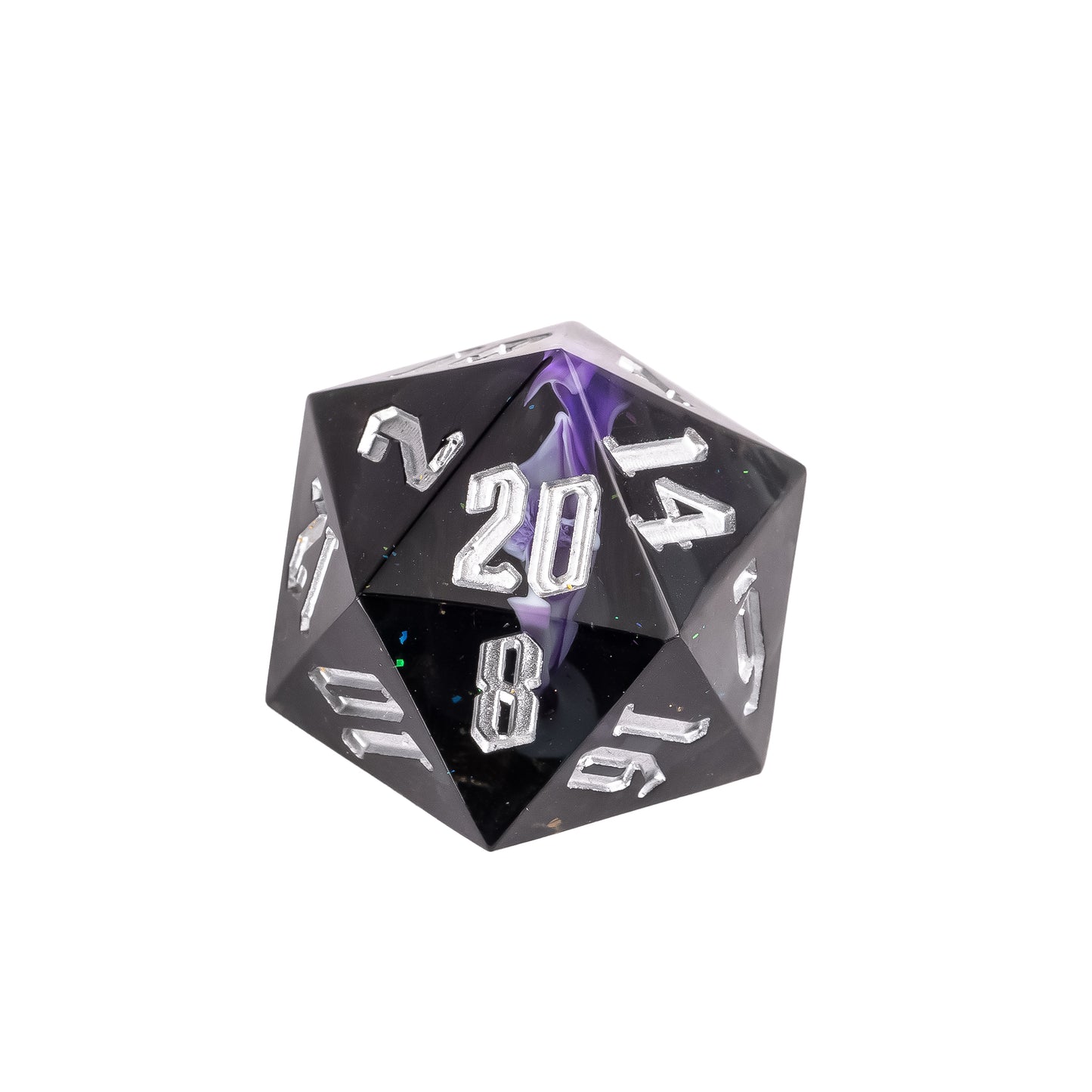 Close up of Siren’s Cache D20 sharp edge resin die with smoky dark tones and metallic silver numbering