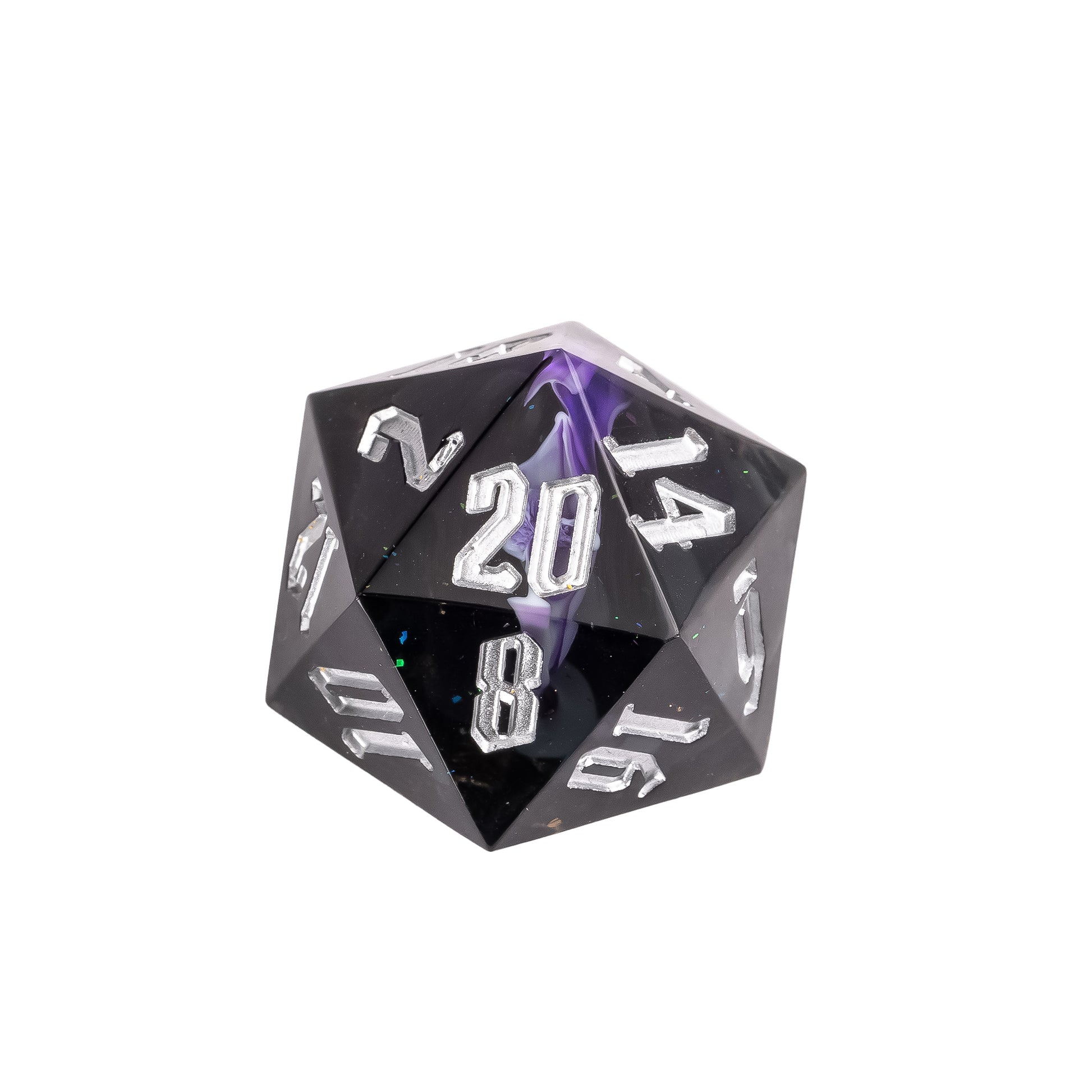 Close up of Siren’s Cache D20 sharp edge resin die with smoky dark tones and metallic silver numbering