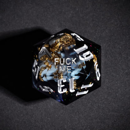 Close up of Siren's Cache Fuck Me D20 with swirling dark resin and silver numbers