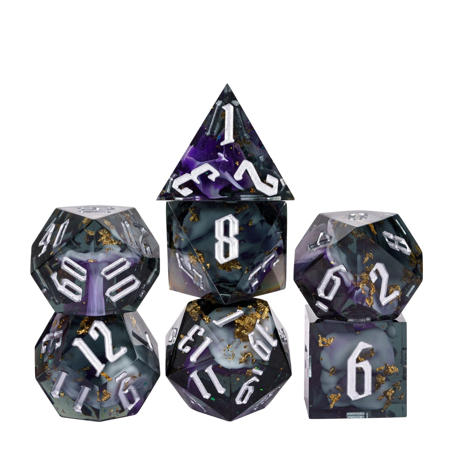 Siren’s Cache sharp edge DnD dice set with dark resin, purple swirls, gold foil, and silver numbering on white background