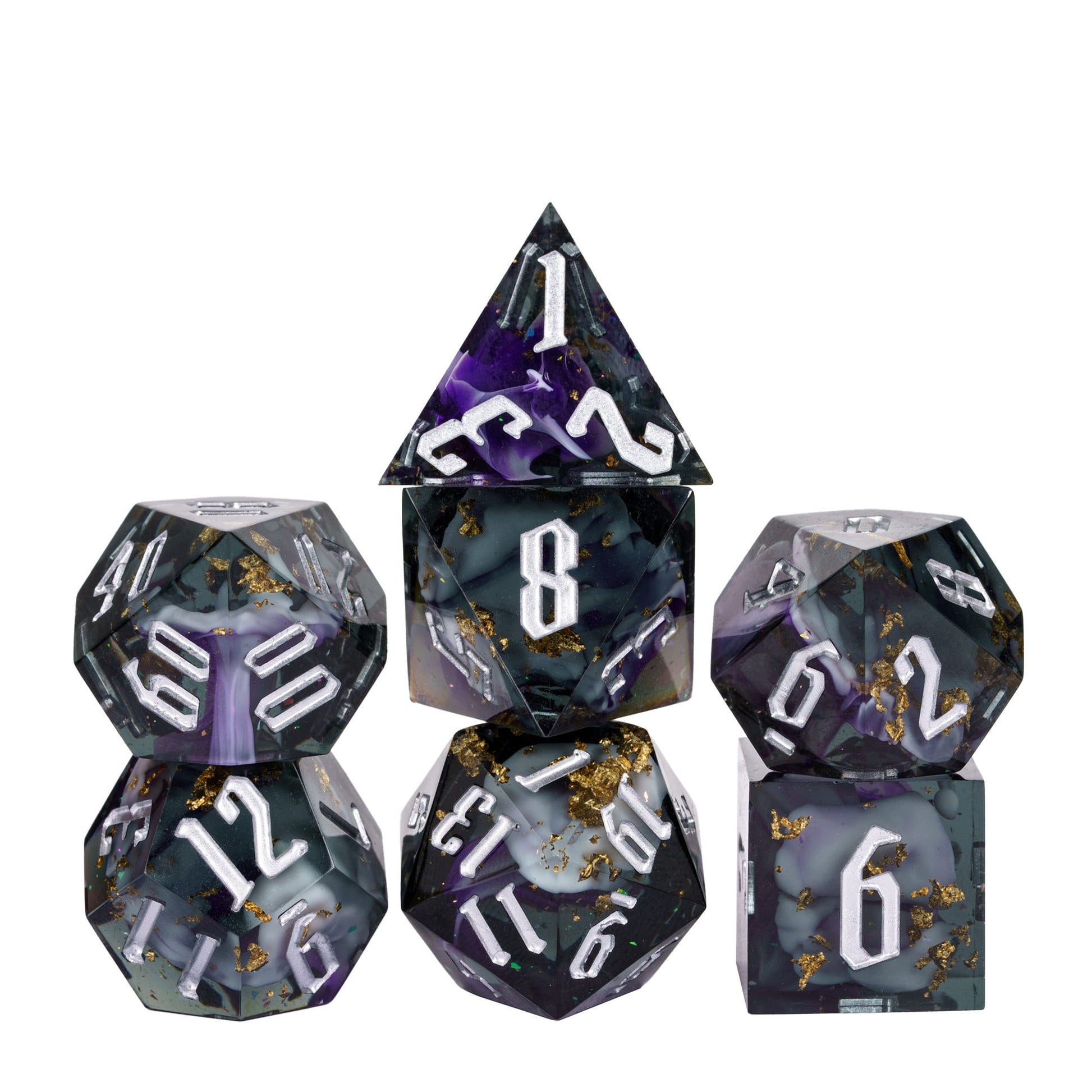 Siren’s Cache sharp edge DnD dice set with dark resin, purple swirls, gold foil, and silver numbering on white background