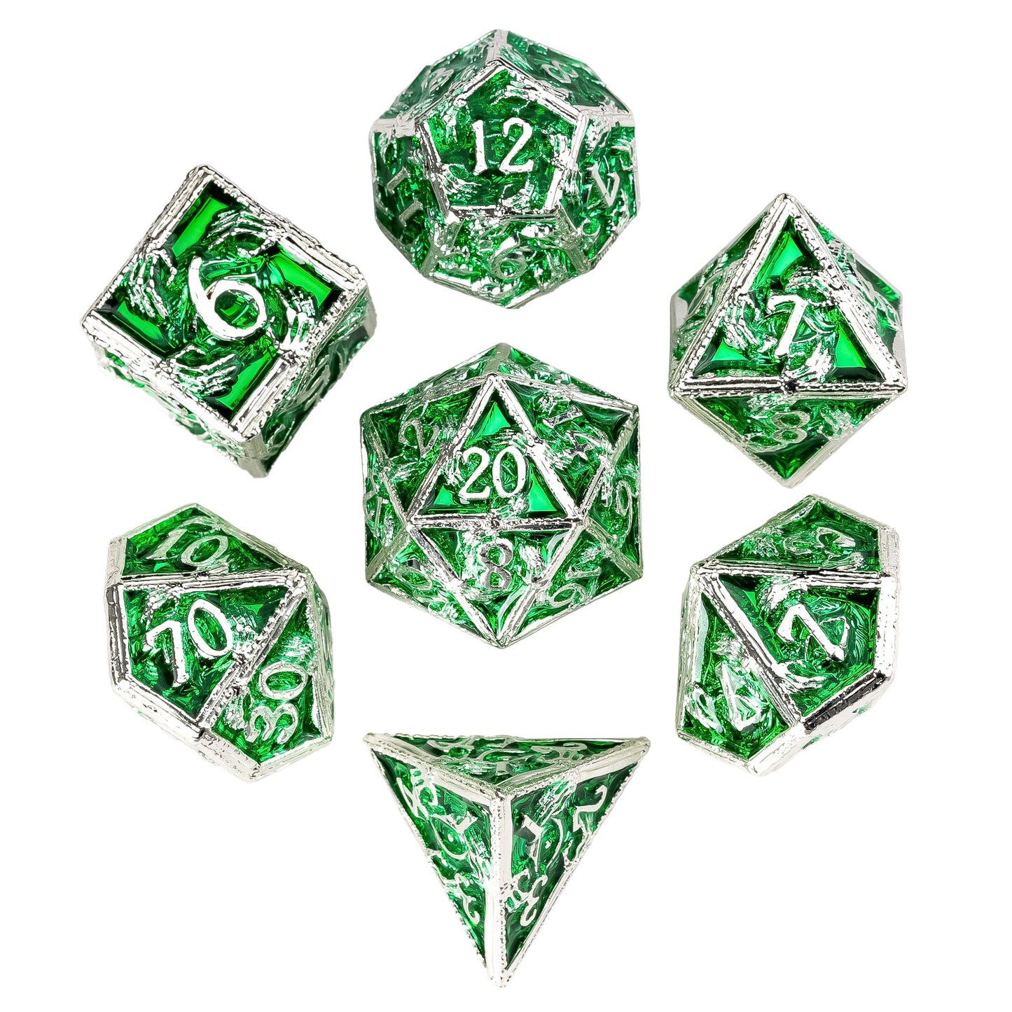 Flat lay of Siren's Crypt metal dice set with emerald green panels and silver dragon detailing for DnD