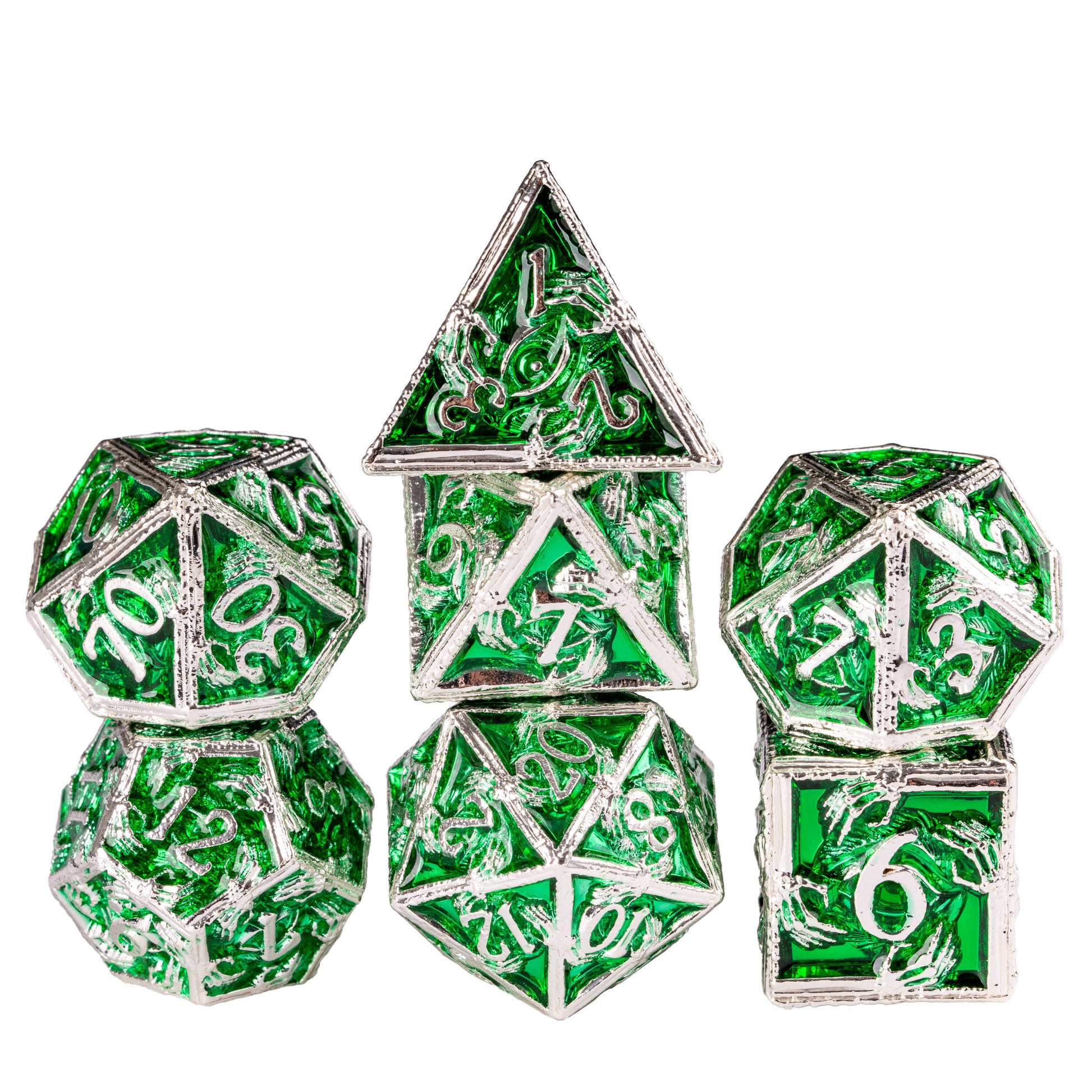 Full Siren’s Crypt metal dice set in emerald green and silver, with ornate engravings and reflective finish.