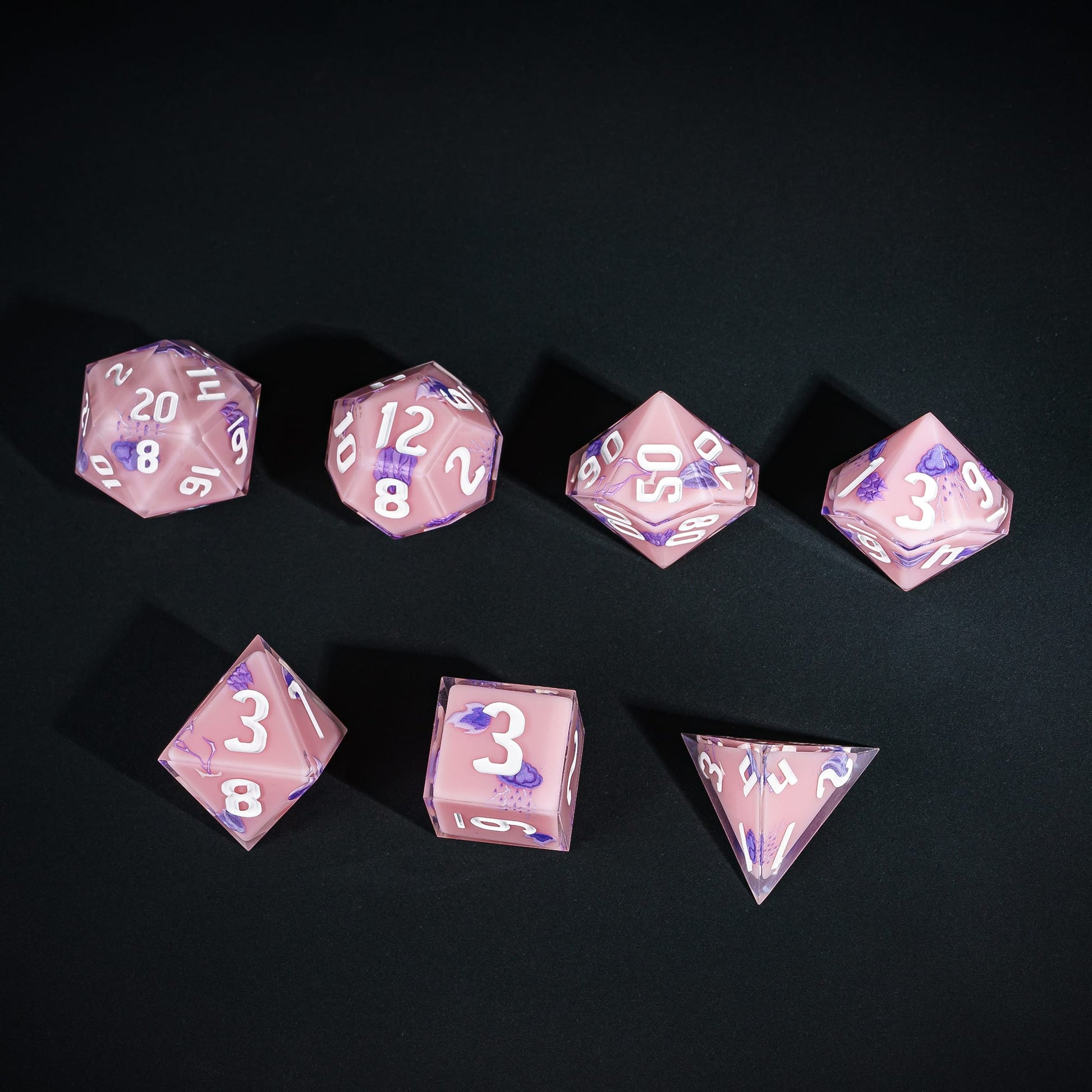 Pink Sorcerer Dice Set, 7 piece pastel polyhedral dice for tabletop roleplaying games
