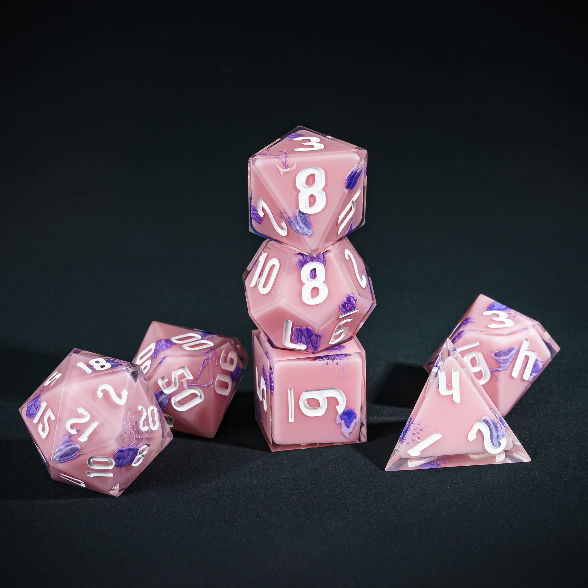 Pink Sorcerer Dice Set, 7 piece pastel sharp edge dice for DND 5e players