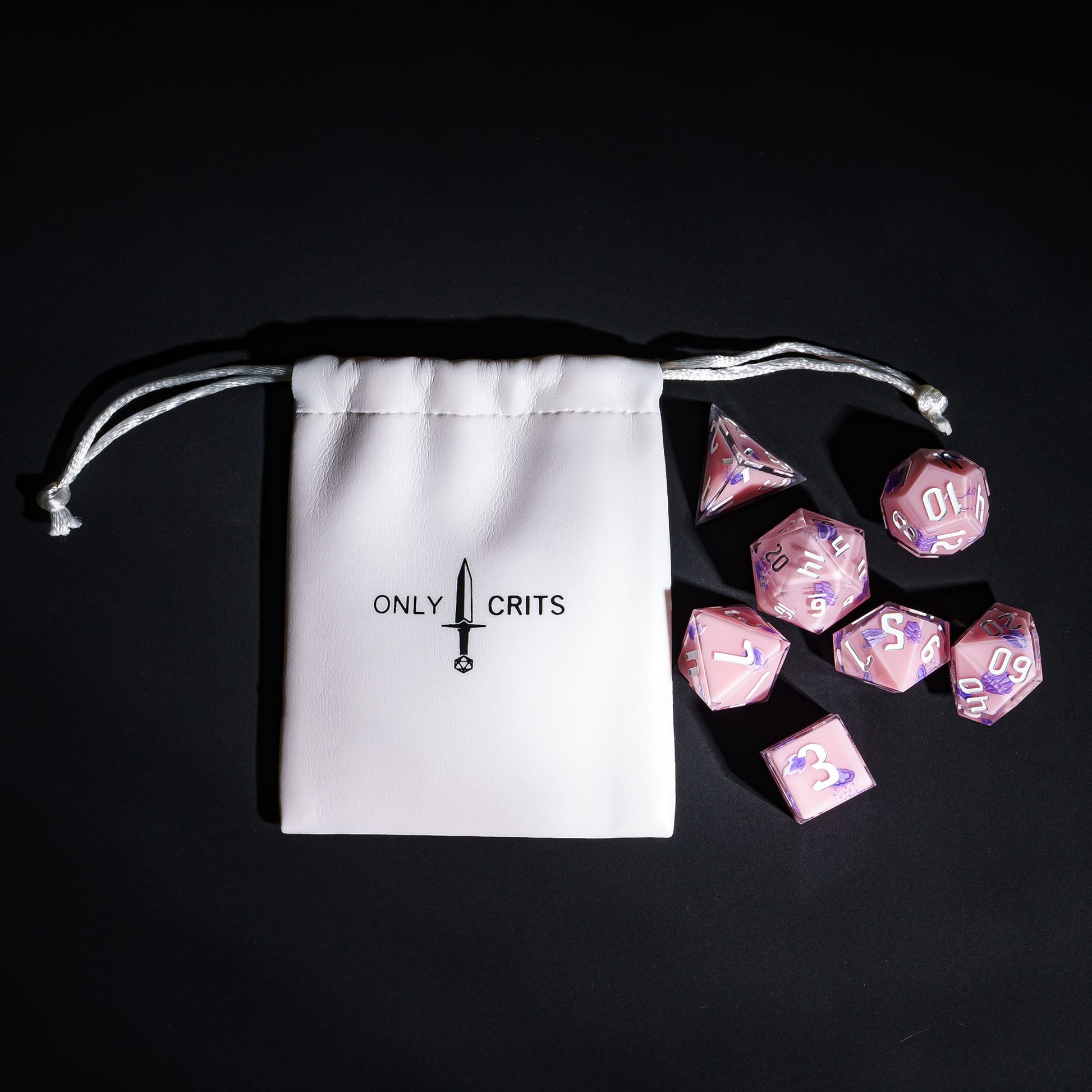 Pink Sorcerer Dice Set with Only Crits bag, pastel 7 piece sharp edge dice for DND 5e