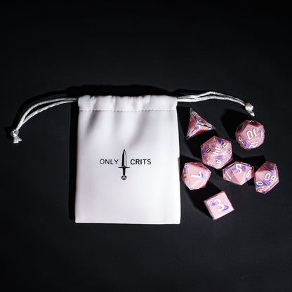 Pink Sorcerer Dice Set with Only Crits bag, pastel 7 piece sharp edge dice for DND 5e