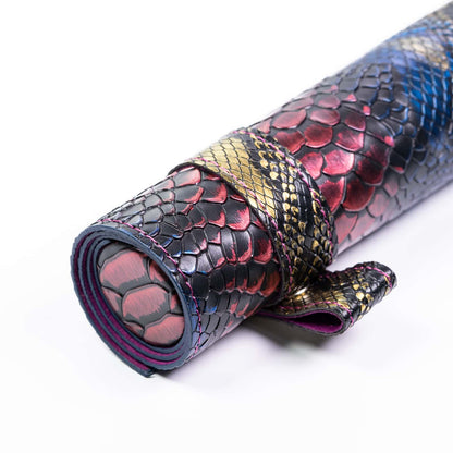 Close up of multicolor dragon scale Spell Scroll dice case for DnD