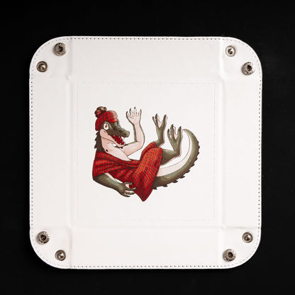 Square foldable dice tray with dice placed around gator artwork