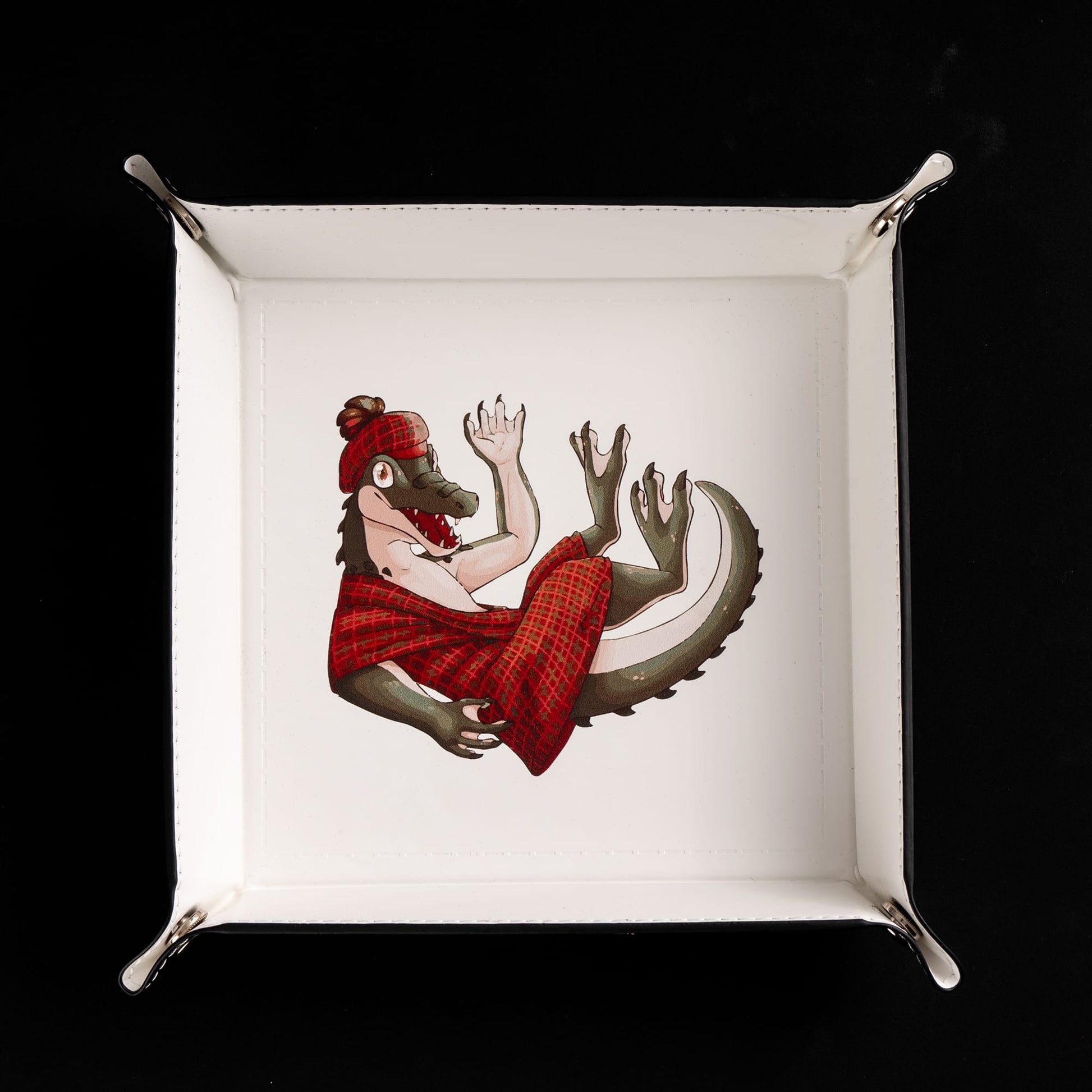 Folded square dice tray with gator illustration for tabletop RPG play