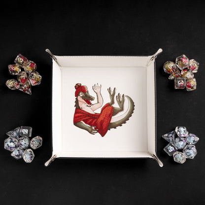 Square foldable dice tray with dice placed around gator artwork