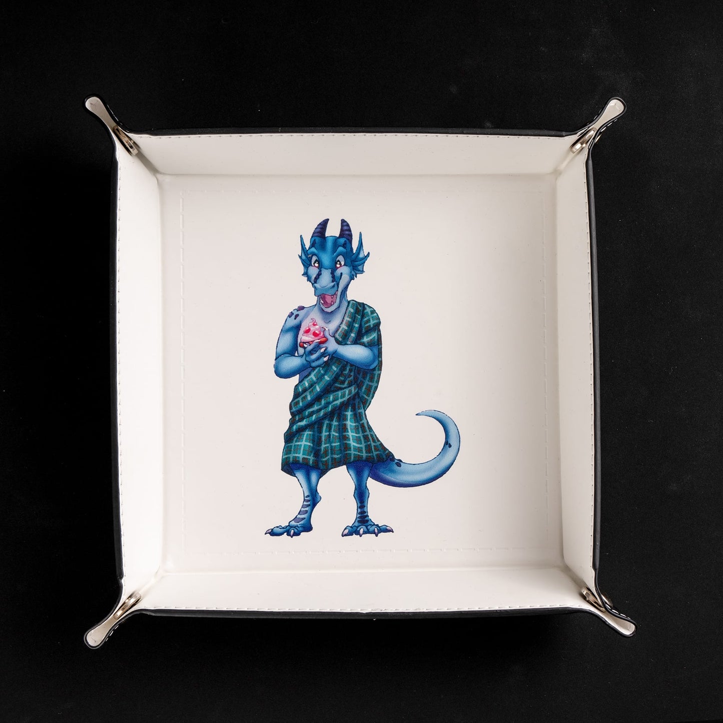 Folded square dice tray with kobold illustration for tabletop RPG play