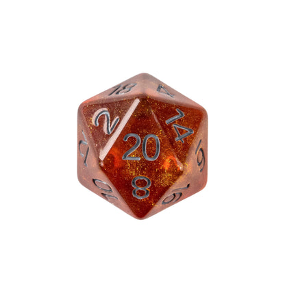 Close up of Stardust Red Orange D20 resin dice for DnD and tabletop RPGs