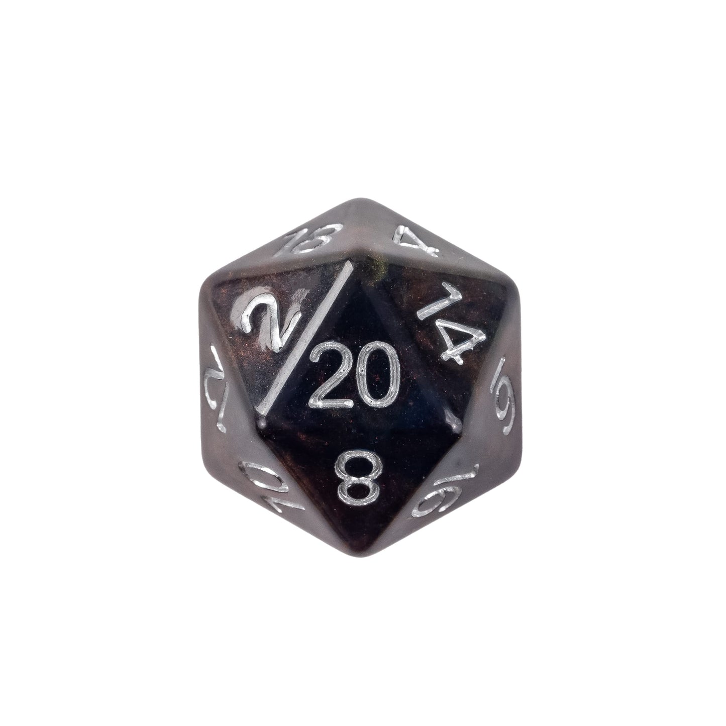 Close up of Stardust Red Purple D20 polyhedral dice for DnD and DnD 5e