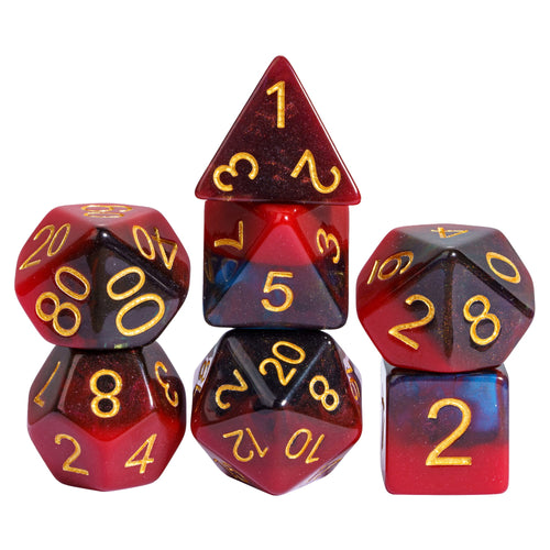 Stacked view of Stardust Red Blue Dice Set 7 piece dice collection for DnD & DnD 5e