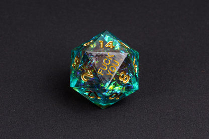 Closeup of Starlight Nebula F*ck Me Sharp Edge Dice Set D20 for DnD & TTRPG