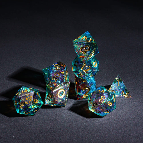 Starlight Nebula F*ck Me Sharp Edge Dice Set stacked display of 7 polyhedral dice for DnD & TTRPG