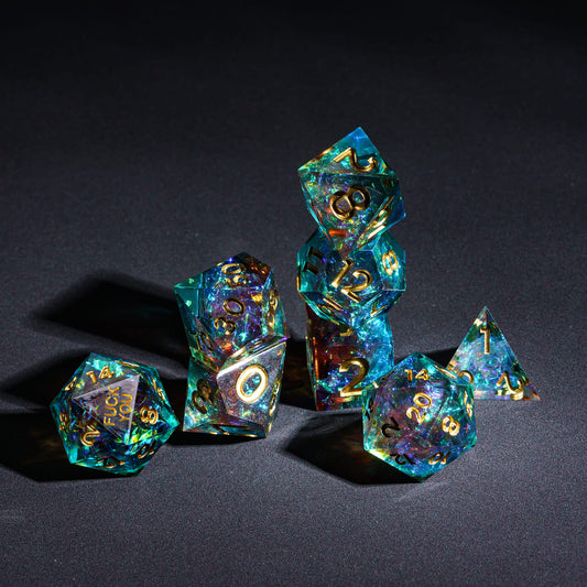 Starlight Nebula F*ck Me Sharp Edge Dice Set stacked display of 7 polyhedral dice for DnD & TTRPG