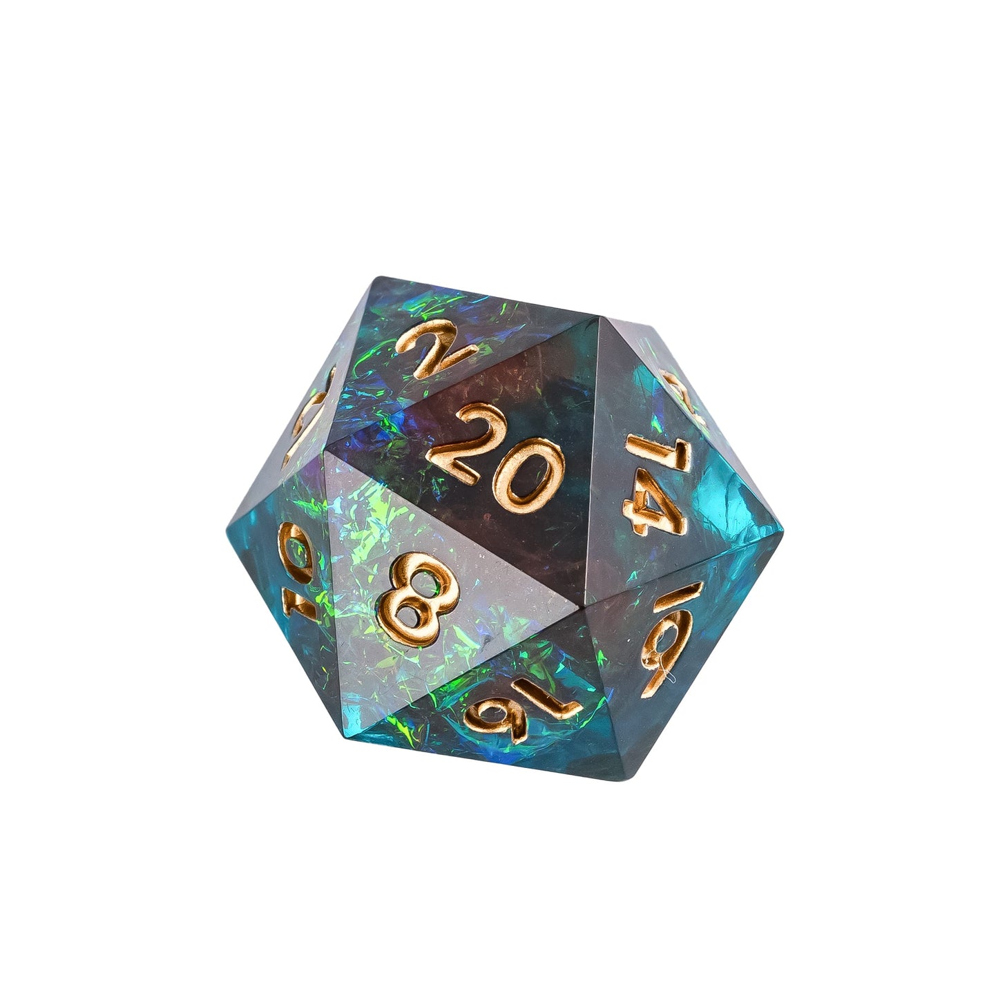 Teal and red sharp edge D20 with gold numbers from the Starlight Nebula dice set