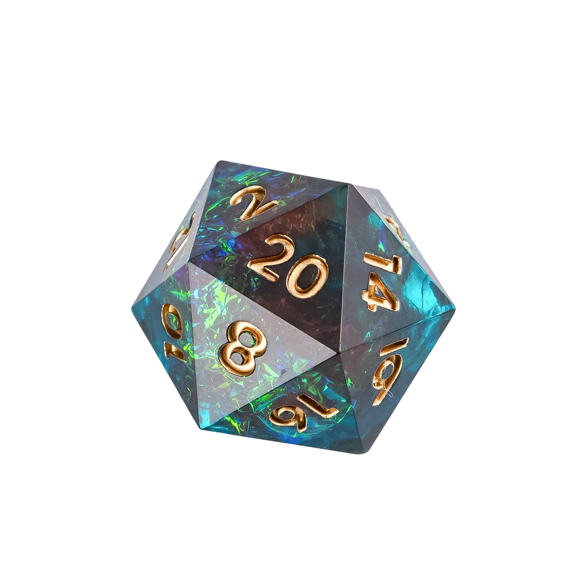 Teal and red sharp edge D20 with gold numbers from the Starlight Nebula dice set