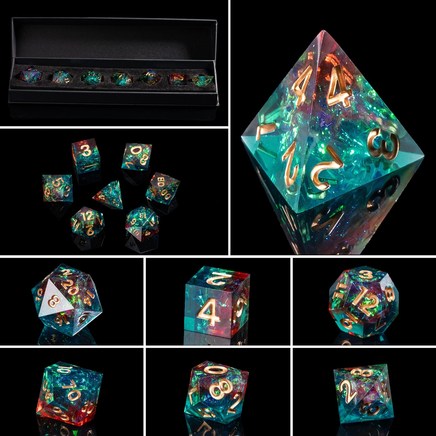 Collage of Starlight Nebula sharp edge resin dice showing all seven polyhedral pieces with gold numbering