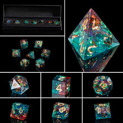 Collage of Starlight Nebula sharp edge resin dice showing all seven polyhedral pieces with gold numbering