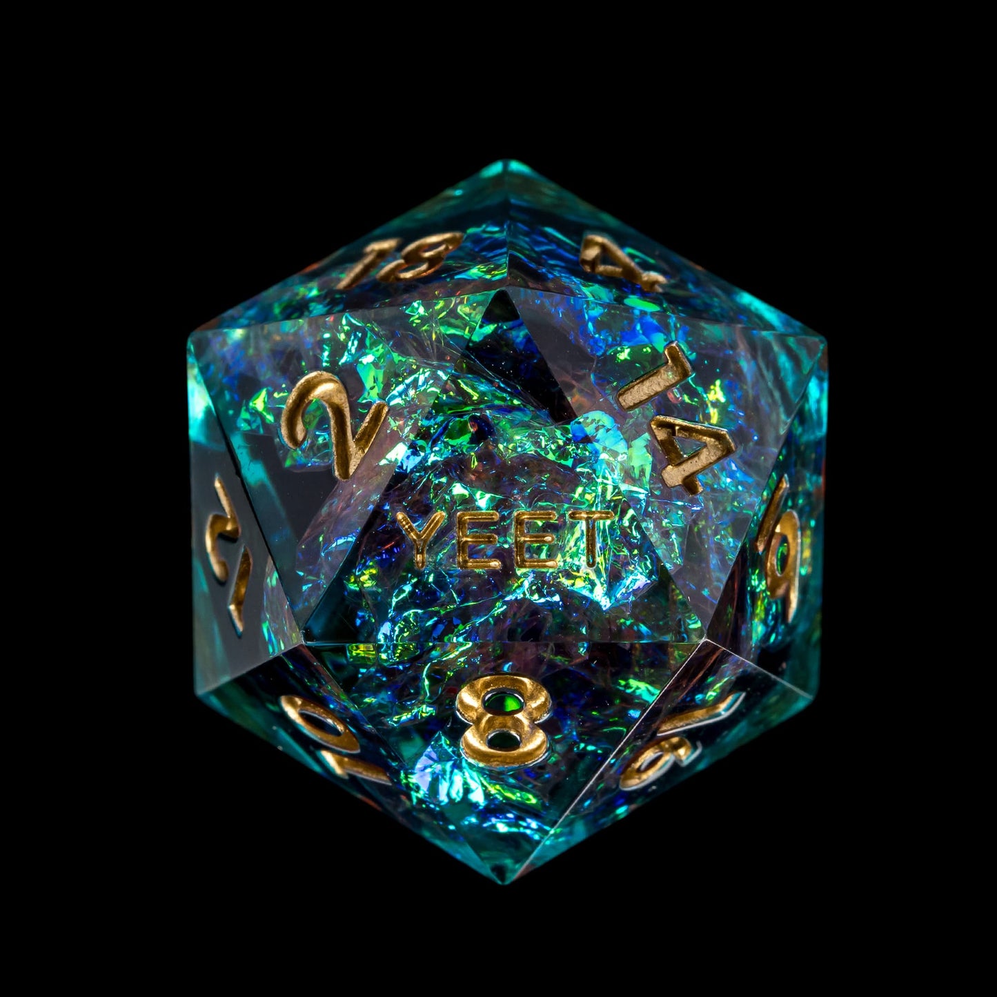 Closeup of Starlight Nebula Yeet Sharp Edge Dice Set D20 for DnD & TTRPG