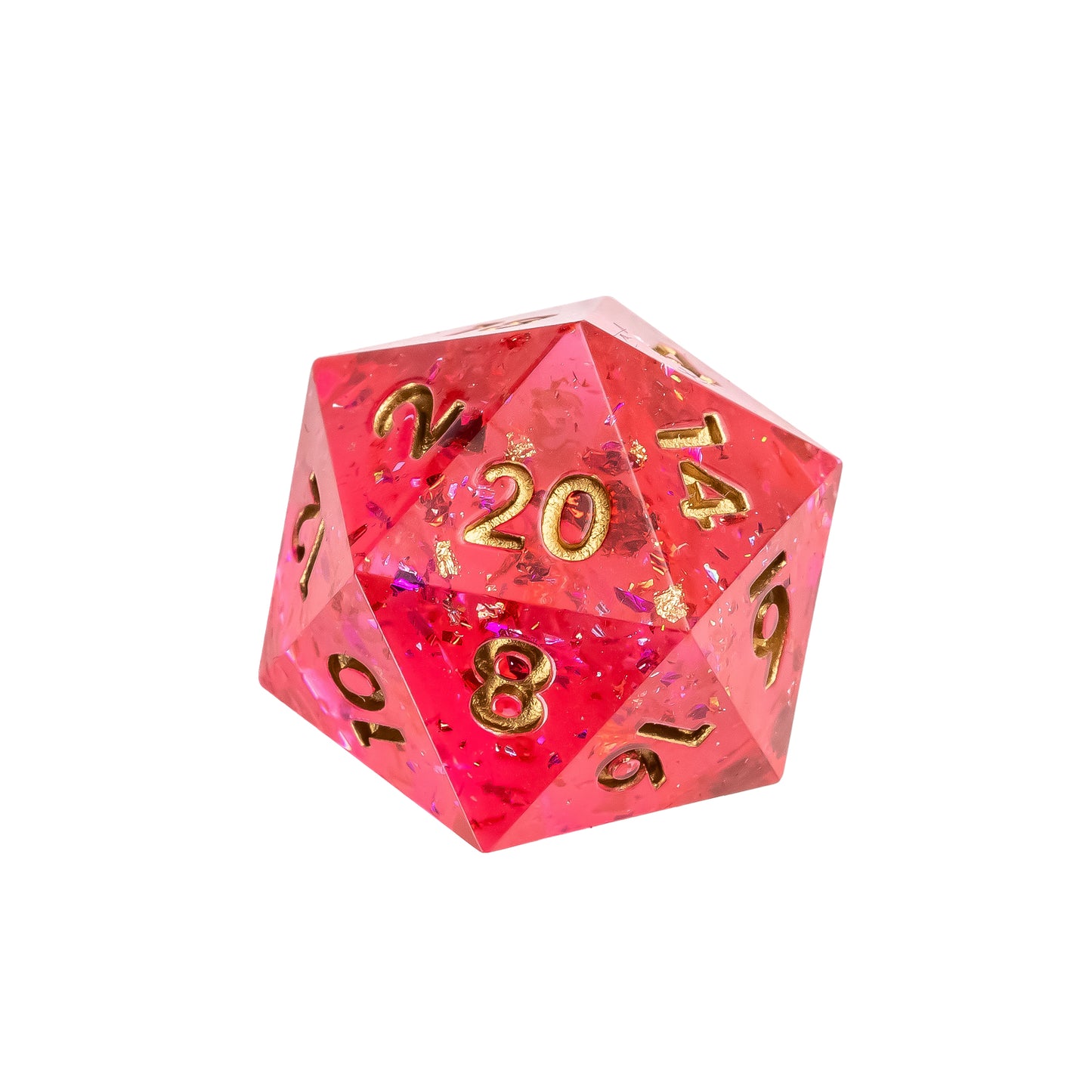 Red translucent sharp edge D20 dice with gold numbers and glitter flakes from the Starweaver's Legacy dice set